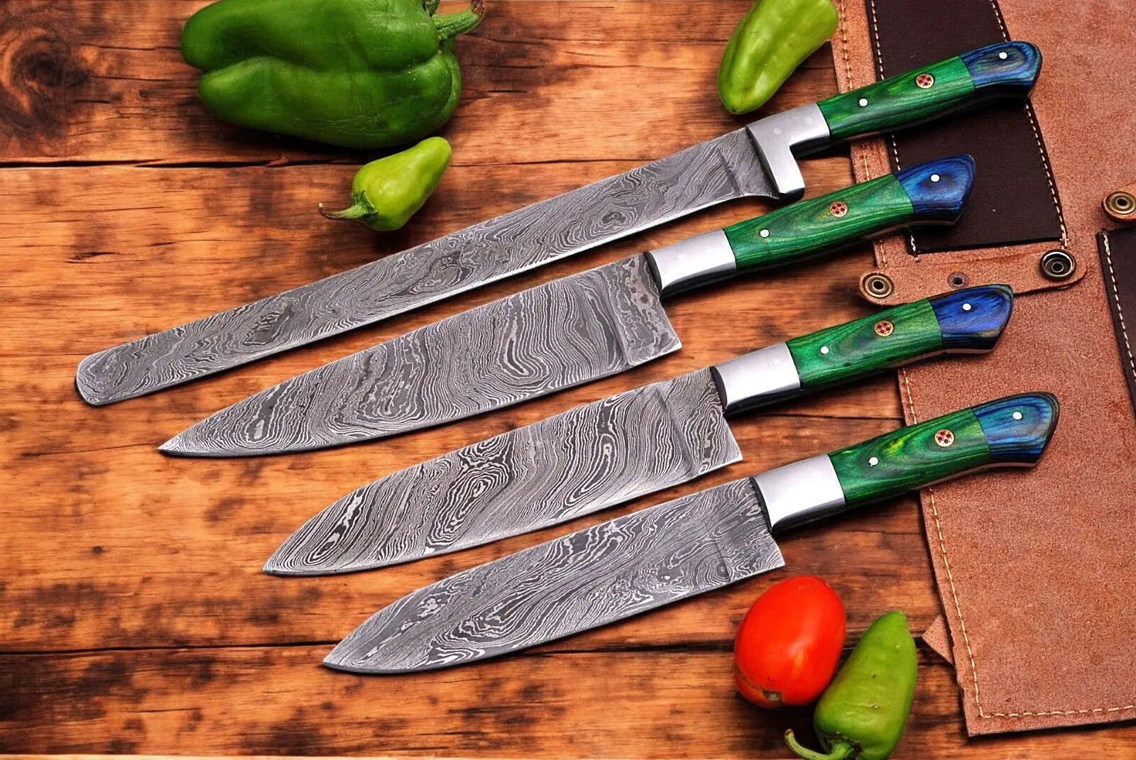 Handmade Damascus Kitchen Knives Set with Leather Roll Damascus Knife Store