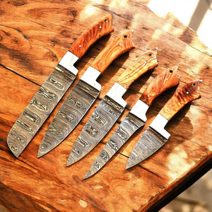 Handmade Damascus Kitchen Knives Set with Olivewood Handle by Damascus Knife Store, Southern handmade gift main product photo