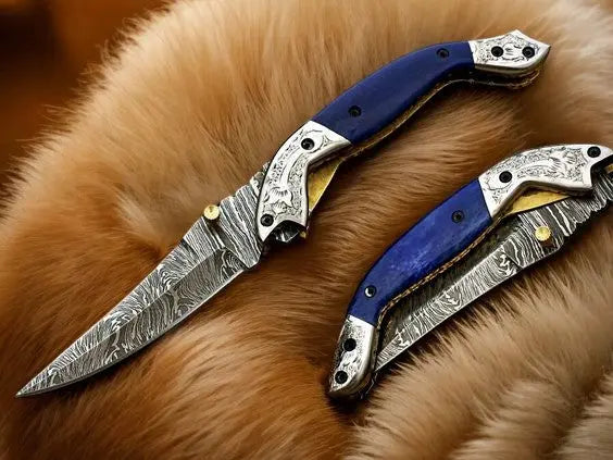 Handmade Damascus Pocket Knife – Blue Wood Handle by Damascus Knife Store, Damascus knife detail photo 4