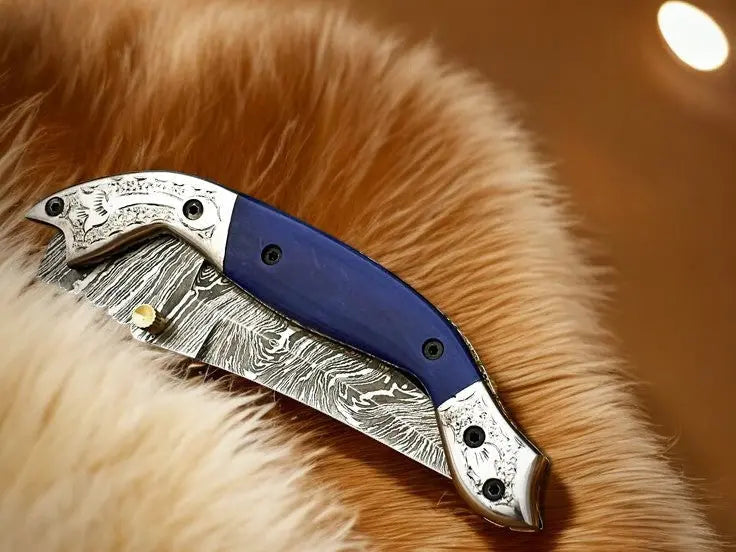 Handmade Damascus Pocket Knife – Blue Wood Handle by Damascus Knife Store, Damascus knife detail photo 5