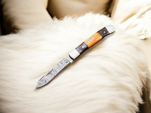 Handmade Damascus Pocket Knife – Exotic Wood & Bone by Damascus Knife Store, Damascus knife main product photo