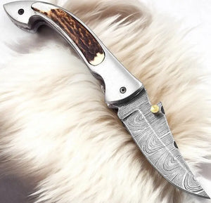 Handmade Damascus Pocket Knife – Stag Horn Handle, 3” by Damascus Knife Store, Damascus knife main product photo