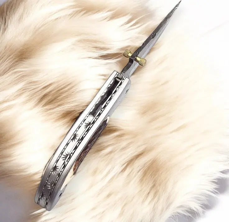 Handmade Damascus Pocket Knife – Stag Horn Handle, 3” by Damascus Knife Store, Damascus knife detail photo 2