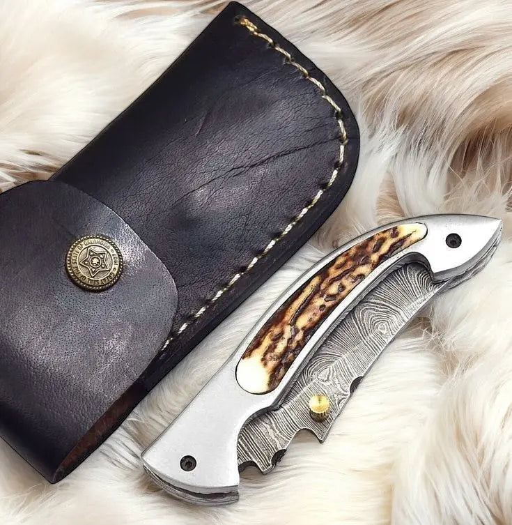 Handmade Damascus Pocket Knife – Stag Horn Handle, 3” by Damascus Knife Store, Damascus knife detail photo 4