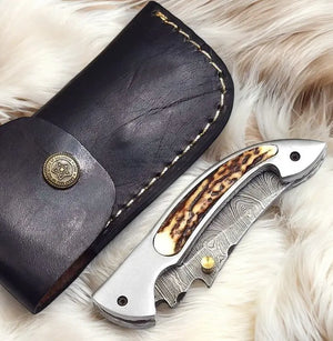 Handmade Damascus Pocket Knife – Stag Horn Handle, 3” by Damascus Knife Store, Damascus knife detail photo 4