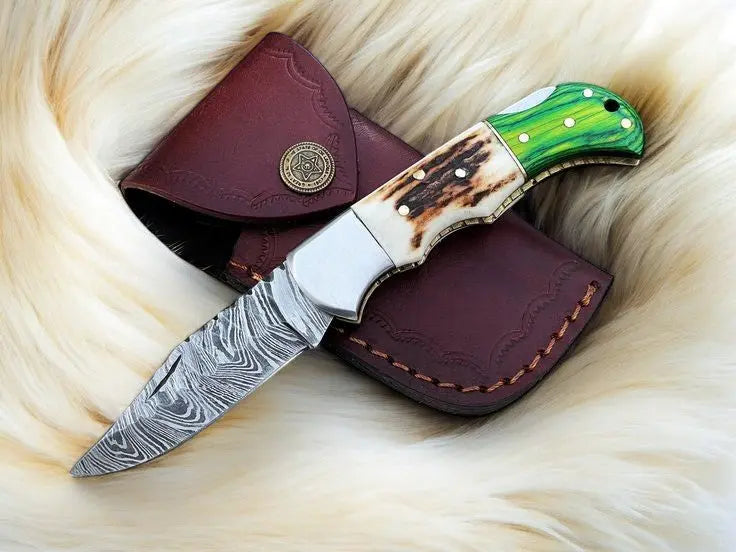 Handmade Damascus Pocket Knife | Stag & Pakka Wood Handle Damascus Knife Store