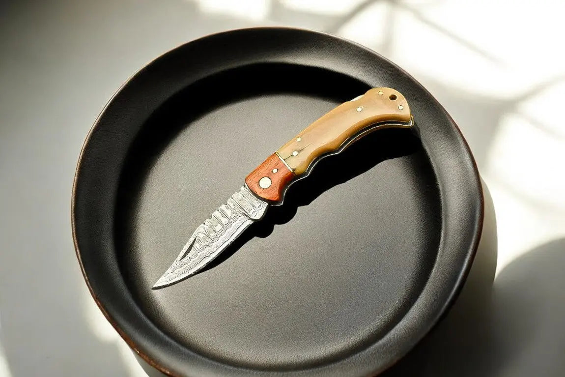 Handmade Damascus Pocket Knife with Bone Handle – 3" Blade Damascus Knife Store