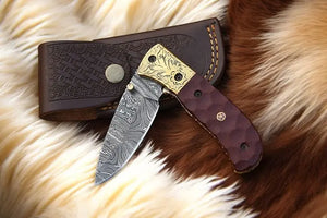 Handmade Damascus Pocket Knife with Micarta Handle by Damascus Knife Store, Damascus knife detail photo 4