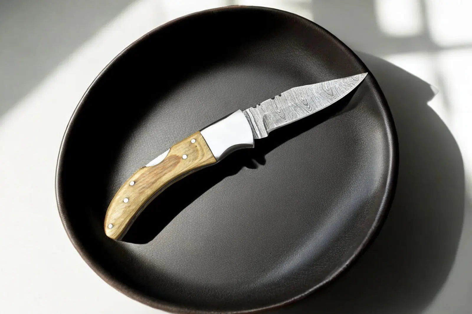 Handmade Damascus Pocket Knife with Olivewood Handle by Damascus Knife Store, Damascus knife main product photo