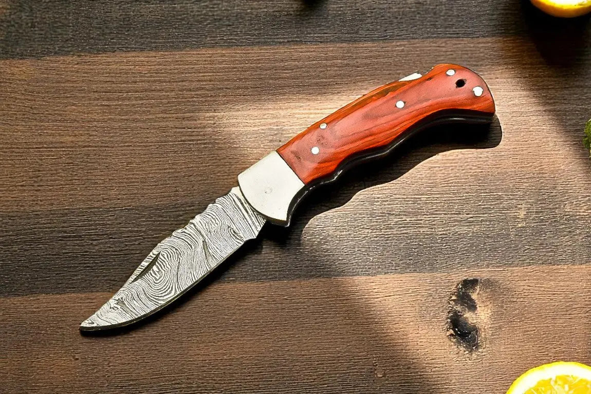 Handmade Damascus Pocket Knife with Wood Handle – 3" Blade by Damascus Knife Store, Damascus knife main product photo