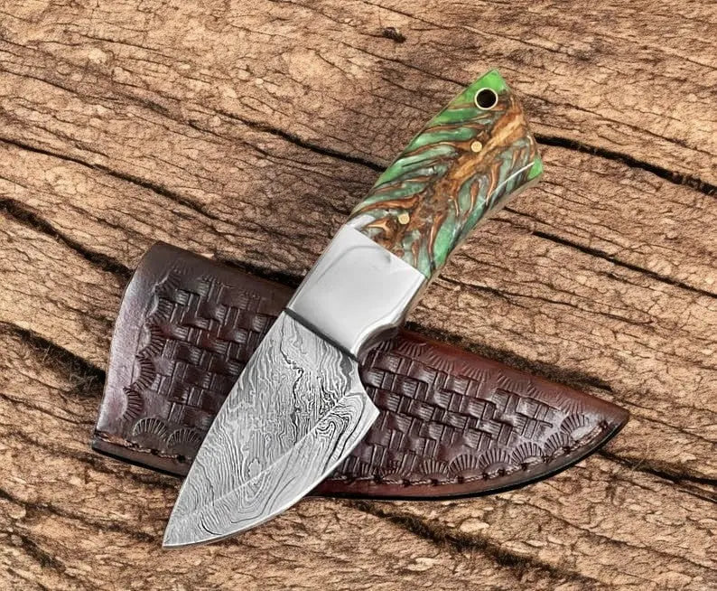 Handmade Damascus Skinning Knife with Epoxy Pine Cone Handle by Damascus Knife Store, Damascus knife main product photo