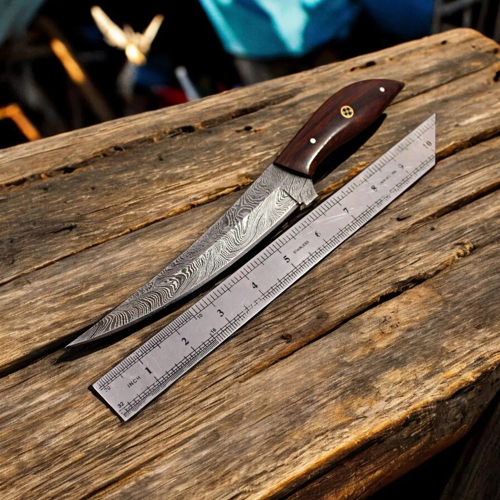 Handmade Damascus Steel Fillet Knife with Rosewood Handle by Damascus Knife Store, Damascus knife detail photo 2