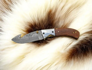 Handmade Damascus Steel Folding Knife with Rosewood Handle by Damascus Knife Store, Damascus knife detail photo 5