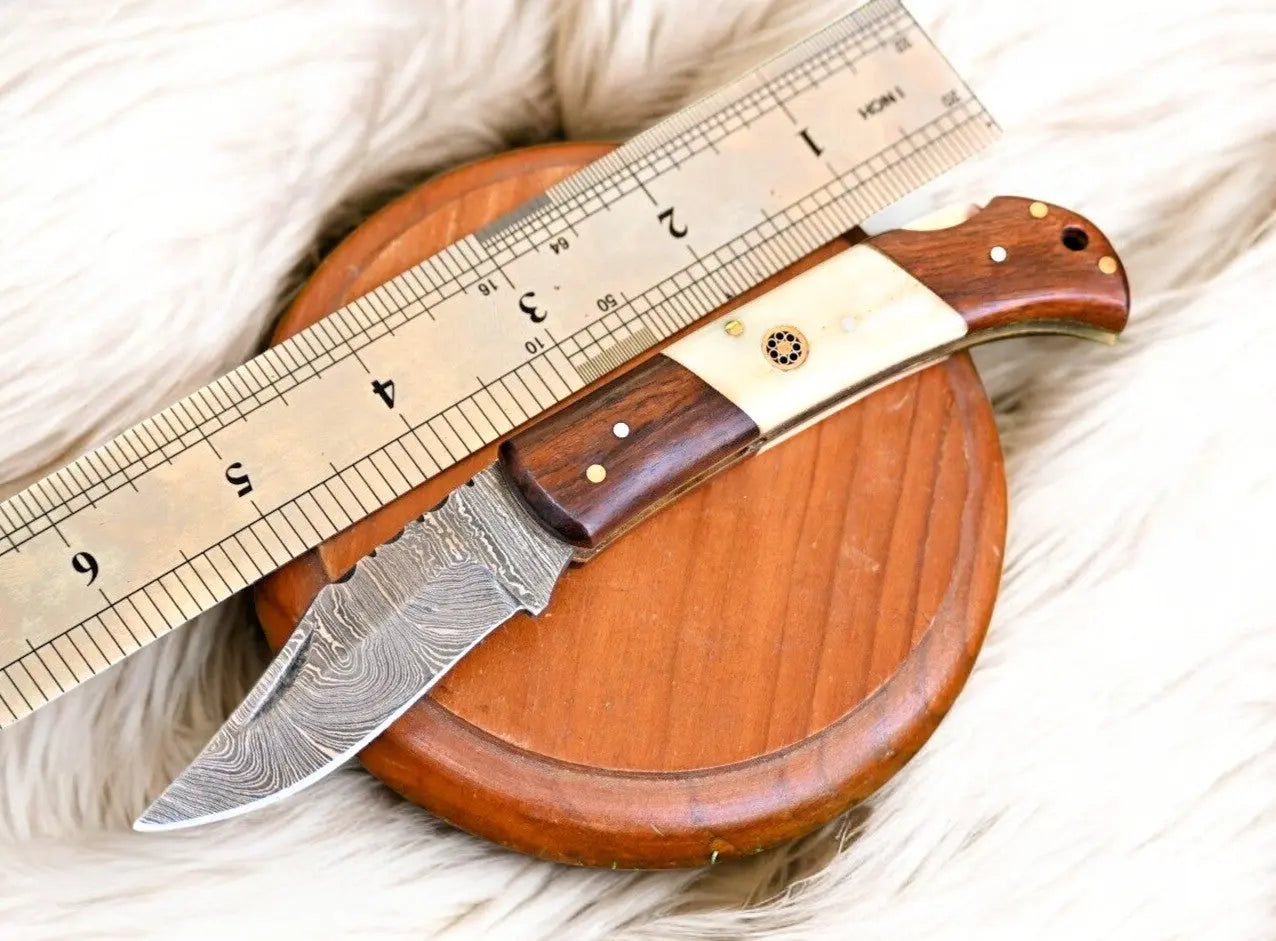 Handmade Damascus Steel Pocket Knife – Rosewood & Bone by Damascus Knife Store, Damascus knife detail photo 4