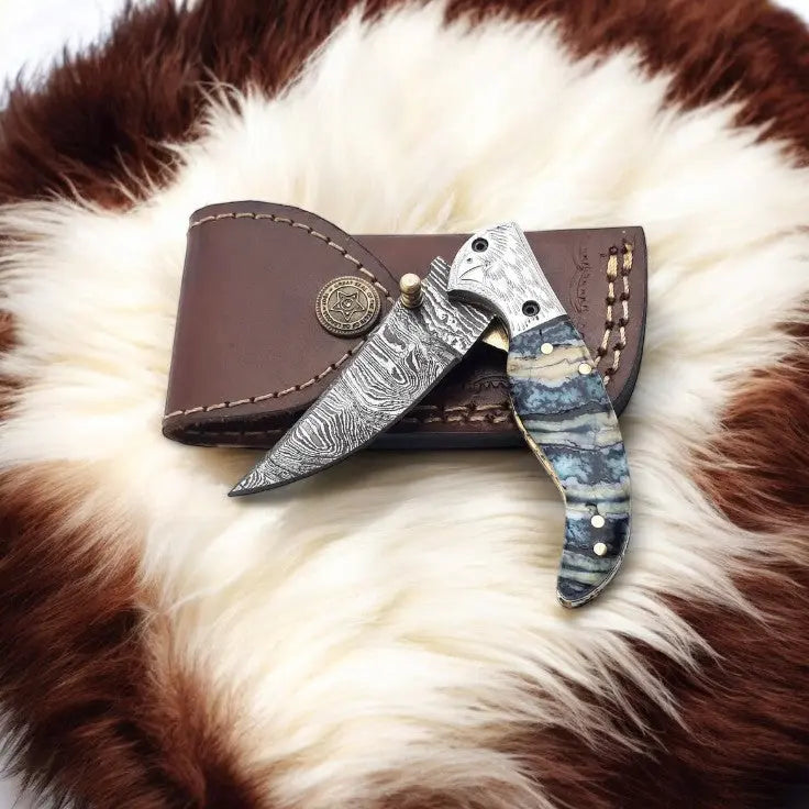 Handmade Damascus Steel Pocket Knife with Epoxy Handle by Damascus Knife Store, Damascus knife detail photo 5