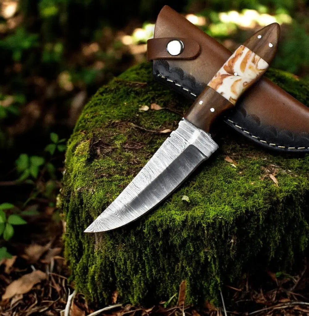 Handmade Damascus Steel Skinning Knife with Leather Sheath by Damascus Knife Store, leather knife sheath detail photo 2