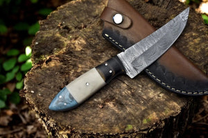 Handmade Damascus Steel Skinning Knife with Leather Sheath by Damascus Knife Store, leather knife sheath main product photo