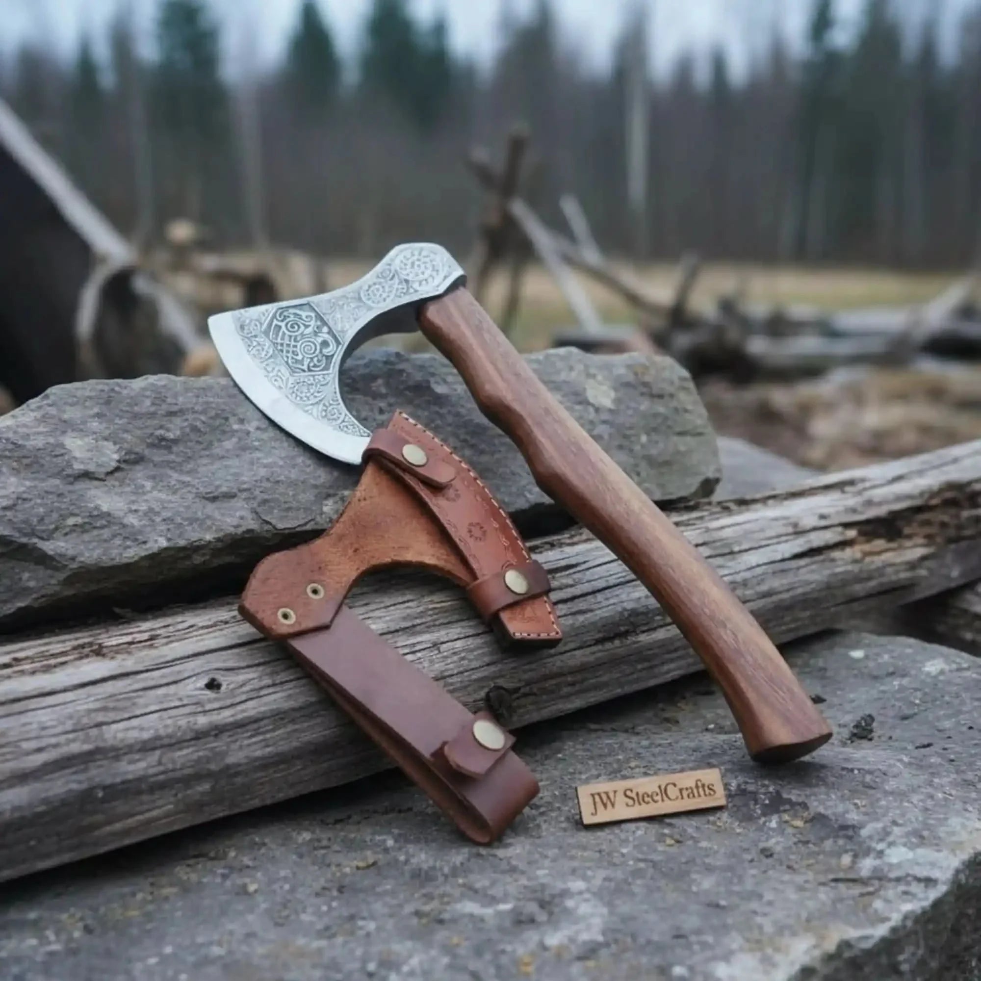 Norse Pattern Acid Etched Bushcraft Belt Viking Bearded Axe with Leather Carry Sheath by JW SteelCrafts, leather knife sheath detail photo 2
