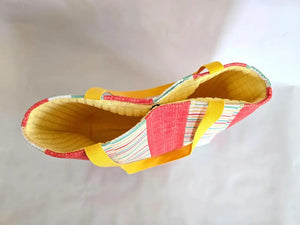 Handmade Terry Cloth Beach Tote – Striped Pool Bag with Yellow Straps by Maypop House Designs, handmade leather goods detail photo 4