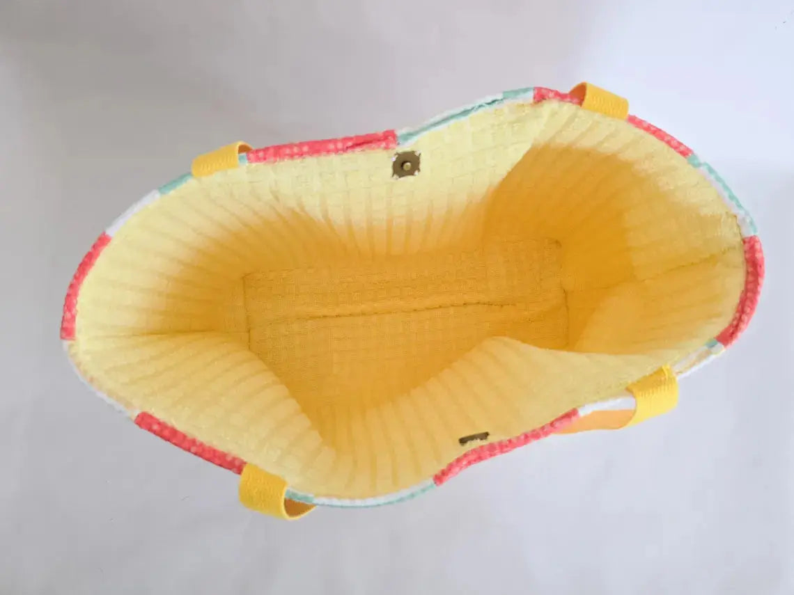 Handmade Terry Cloth Beach Tote – Striped Pool Bag with Yellow Straps by Maypop House Designs, handmade leather goods detail photo 5