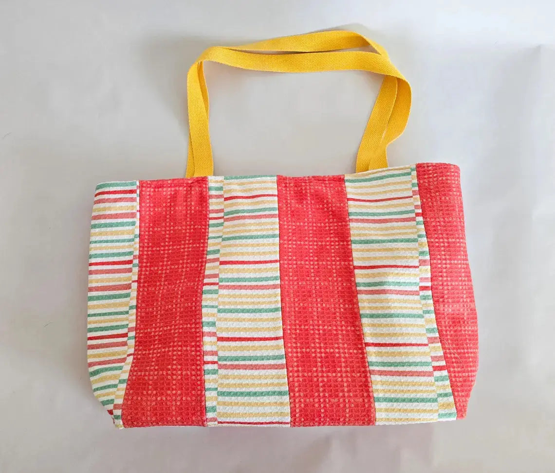 Handmade Terry Cloth Beach Tote – Striped Pool Bag with Yellow Straps by Maypop House Designs, handmade leather goods detail photo 7