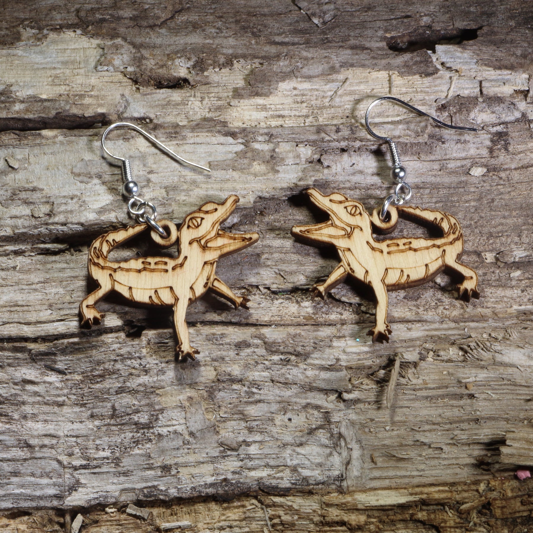 Baby Alligator Wooden Dangle Earrings | Reptile Wildlife Jewelry
