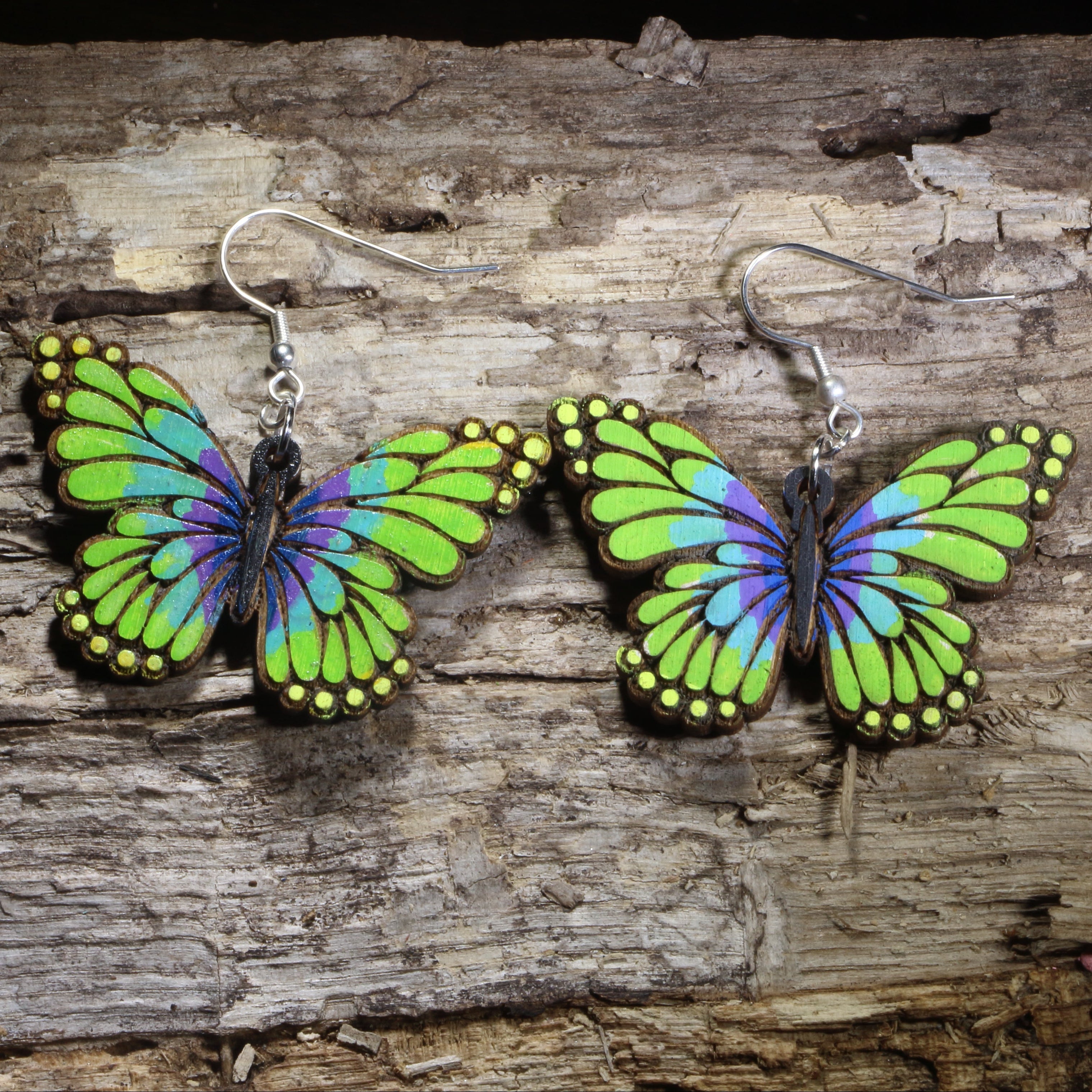 Green & Purple Butterfly Wooden Dangle Earrings | Colorful Nature Jewelry