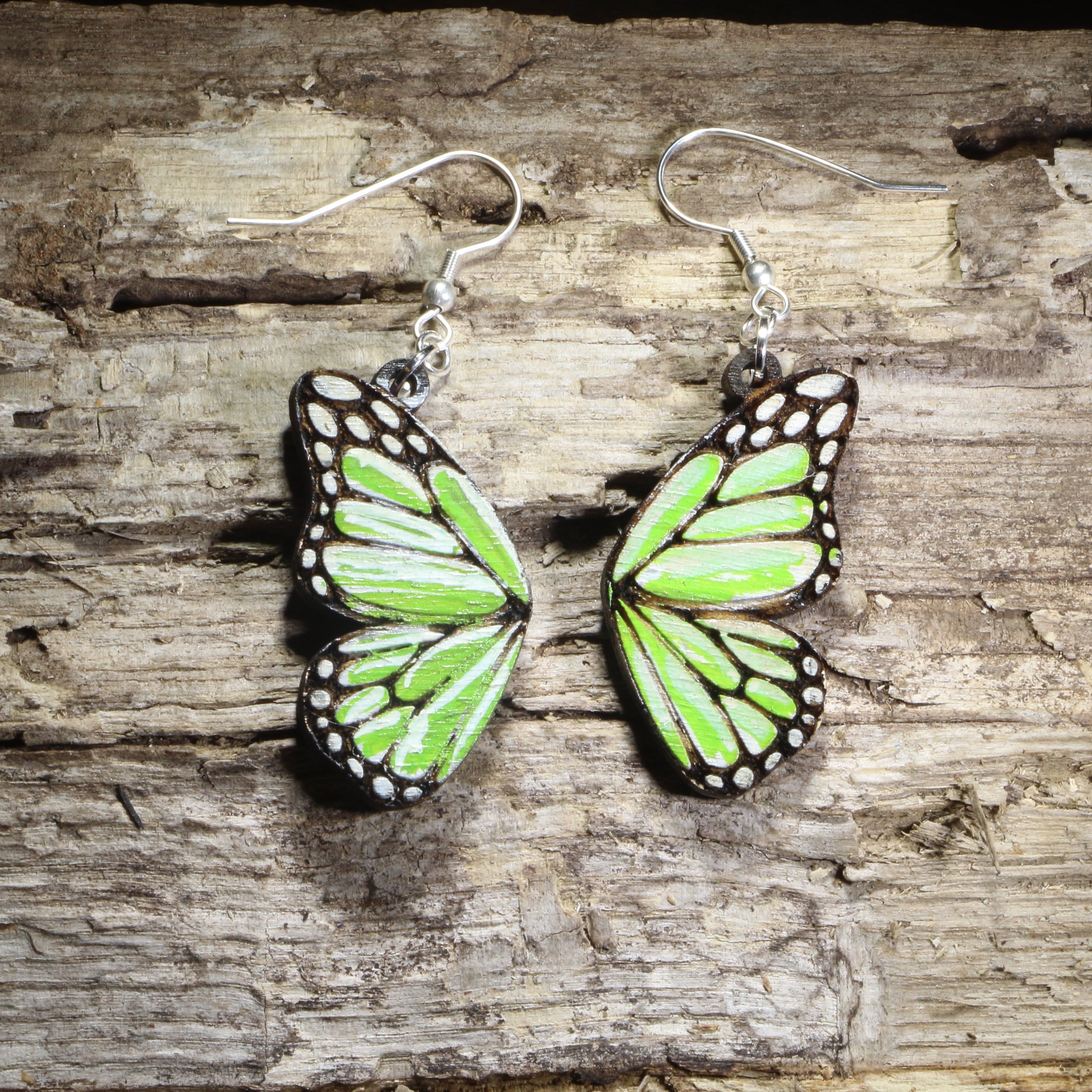 Green Butterfly Wing Wooden Dangle Earrings | Nature Jewelry