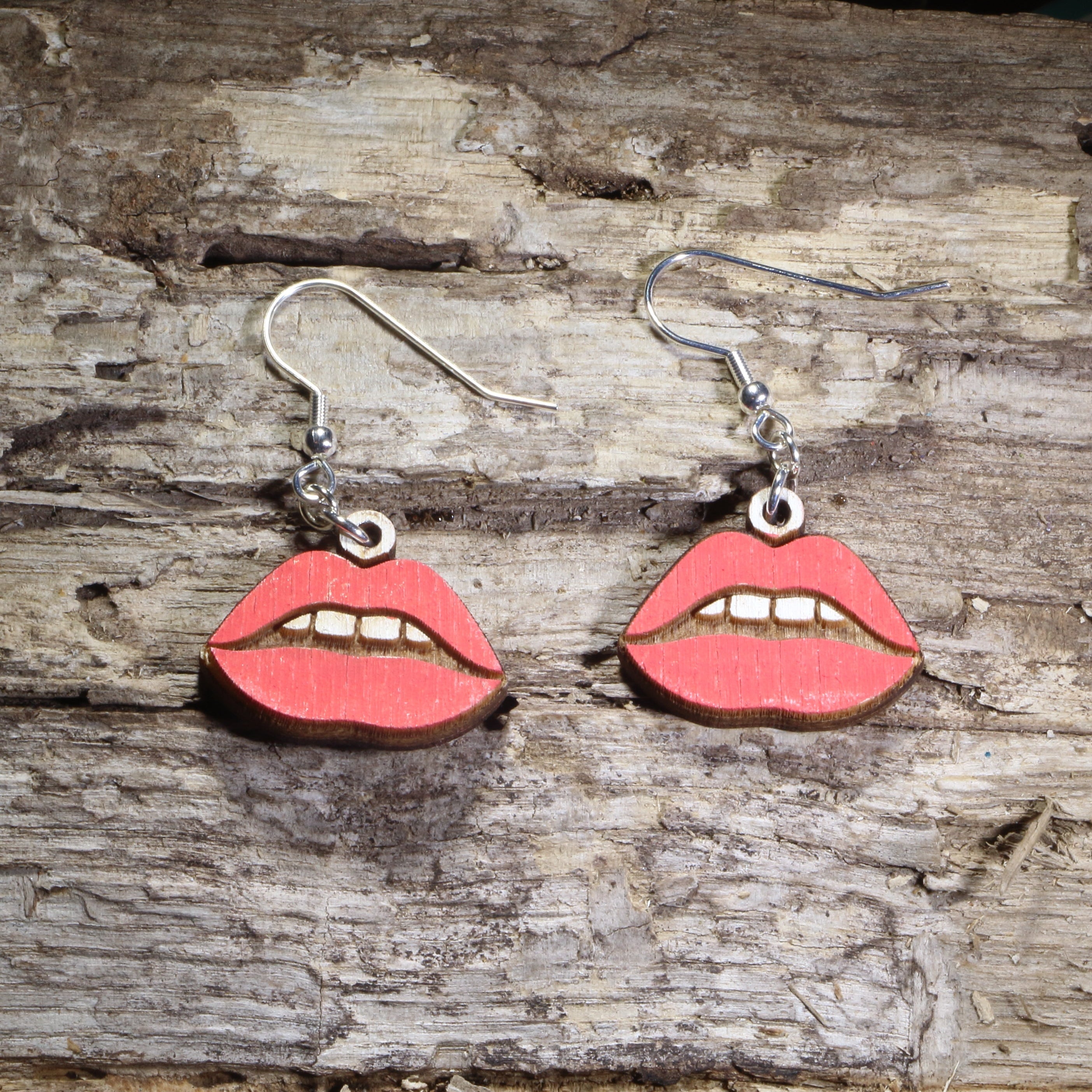 Red Lips Wooden Dangle Earrings | Beauty Jewelry
