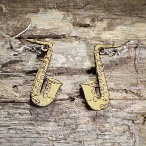 Saxophone Wooden Dangle Earrings | Band Instrument Jewelry