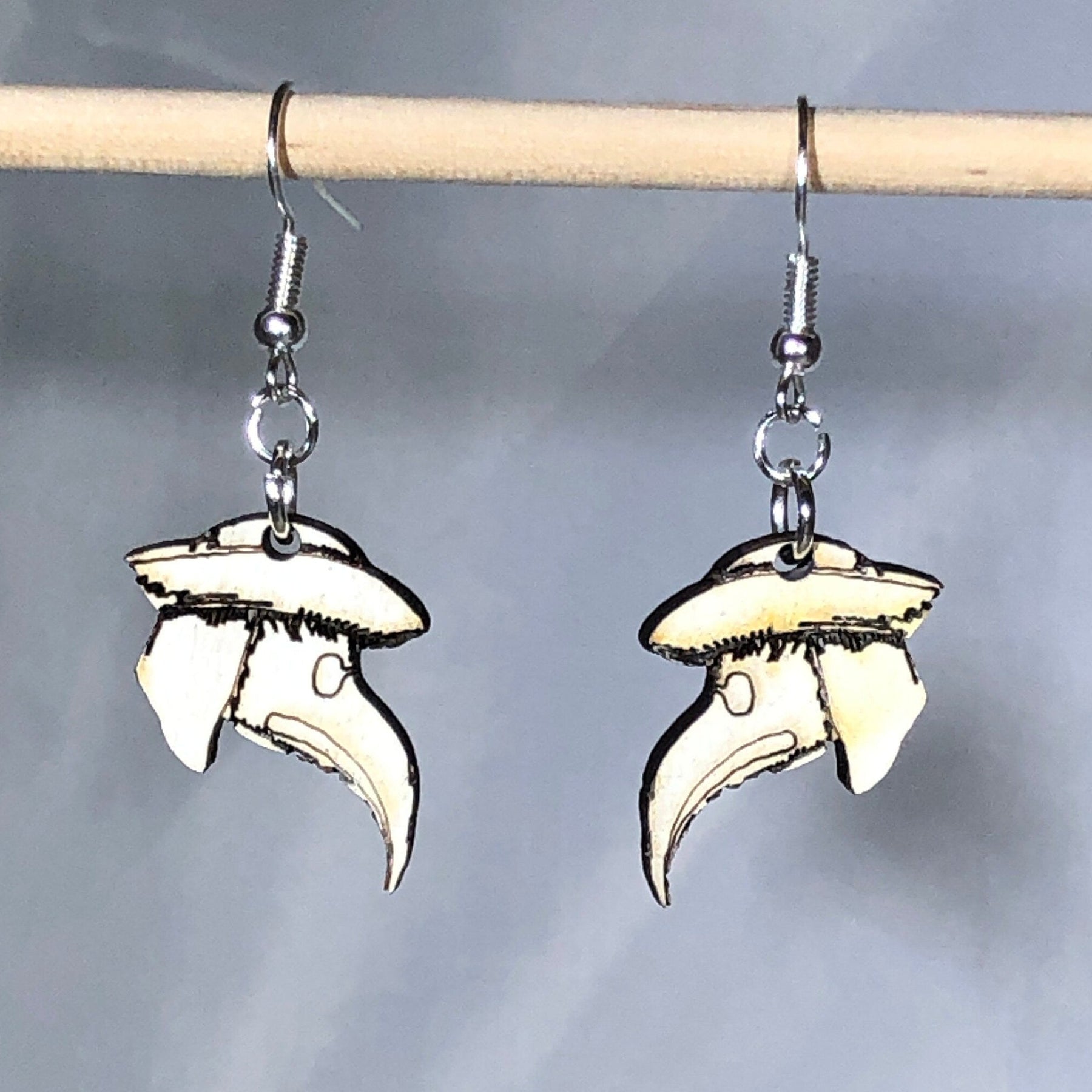 Plague Doctor Mask Wooden Dangle Earrings | Gothic Jewelry detail view by Cate's Concepts, LLC