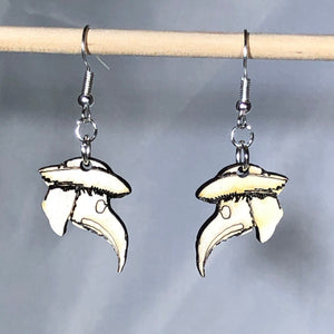 Plague Doctor Mask Wooden Dangle Earrings | Gothic Jewelry detail view by Cate's Concepts, LLC