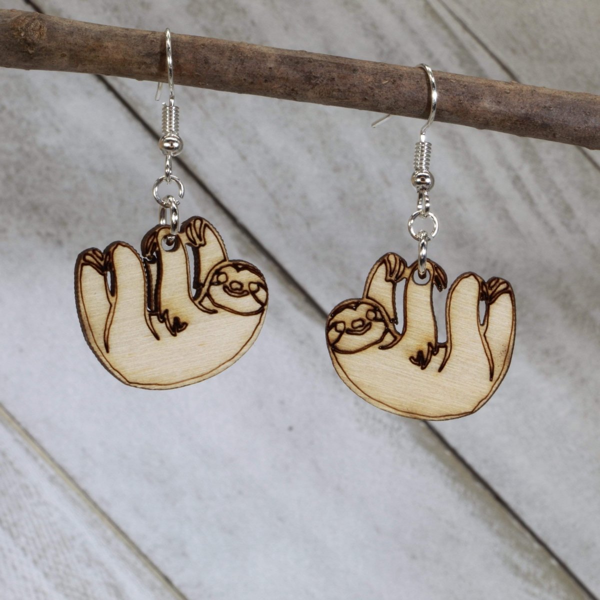 Hanging Sloth Wooden Dangle Earrings | Cute Animal Jewelry by Cate's Concepts, LLC, handmade jewelry main product photo