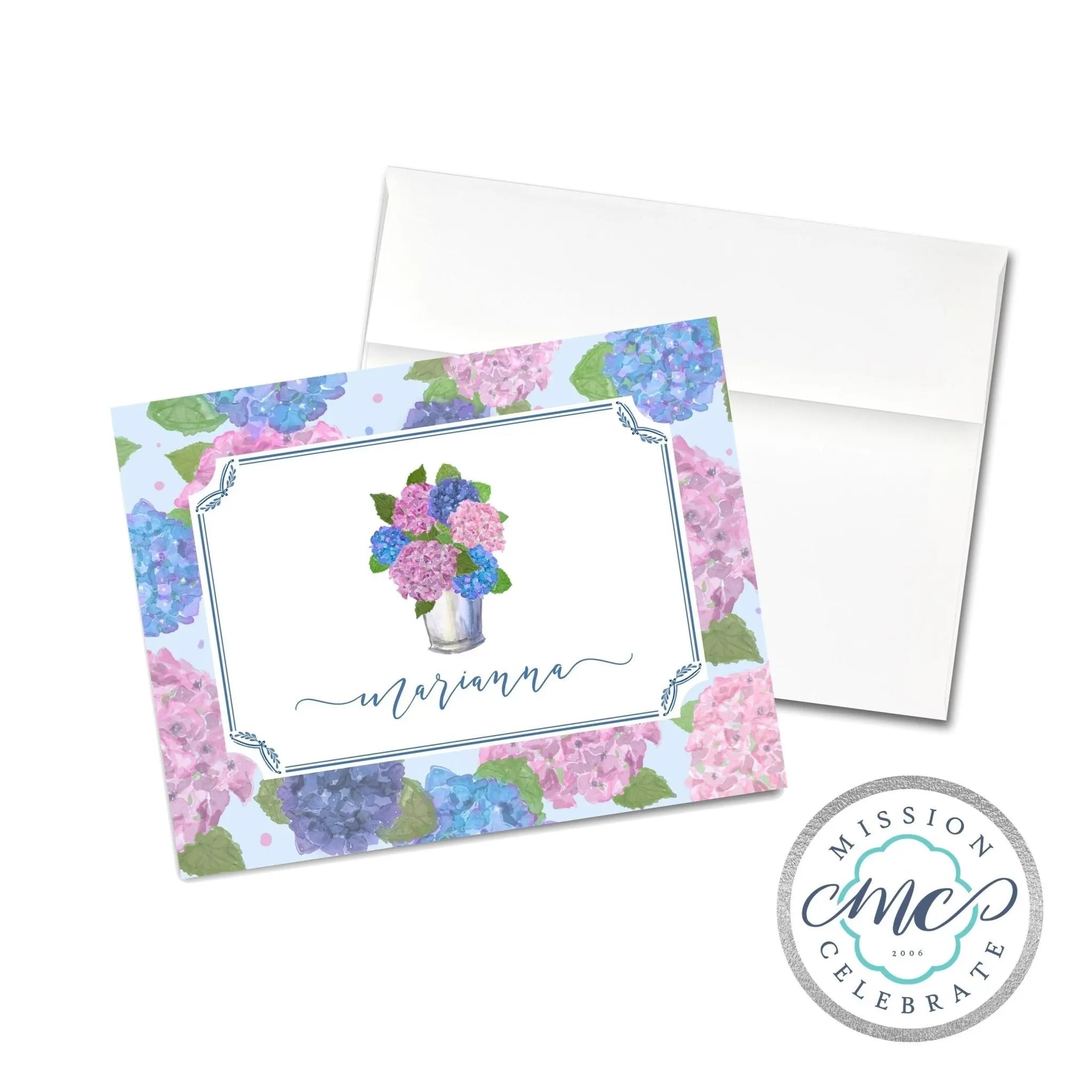 Hydrangea Stationery Set: Personalized 'Marianna' Floral Notes, Watercolor Card, and Envelope by Main Street Collective.