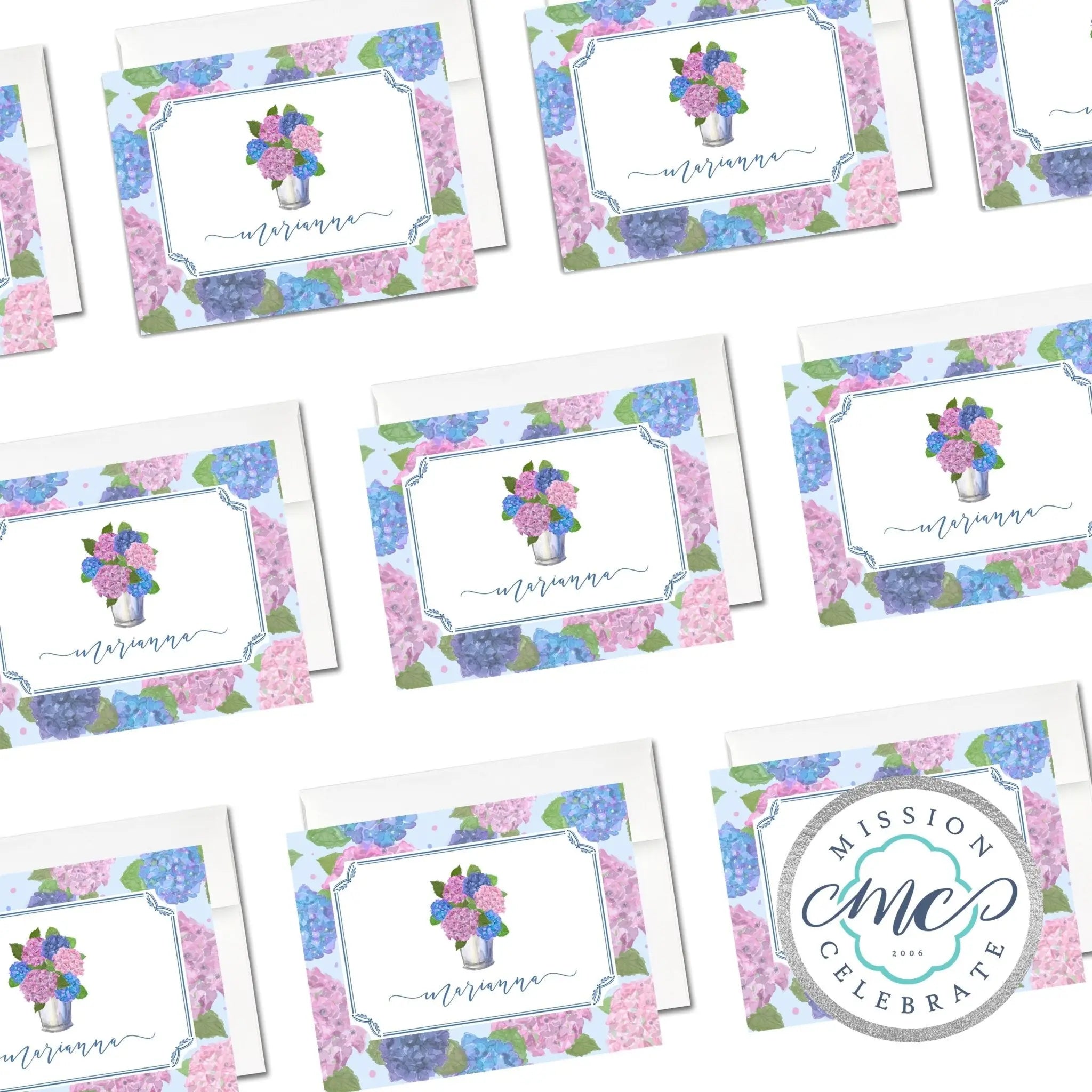 Happy Hydrangeas Watercolor Stationery Set by Main Street Collective. Personalized Note Cards with Envelopes.