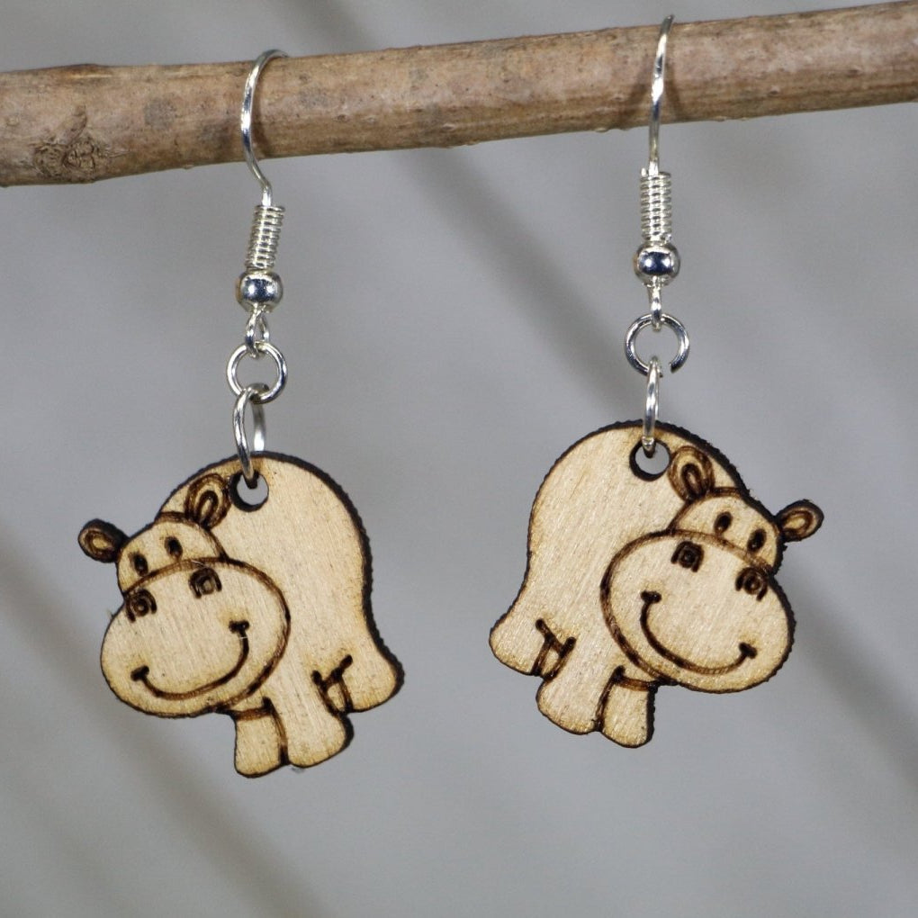 Happy Hippo Wooden Dangle Earrings | Cute Animal Jewelry by Cate's Concepts, LLC, handmade jewelry main product photo
