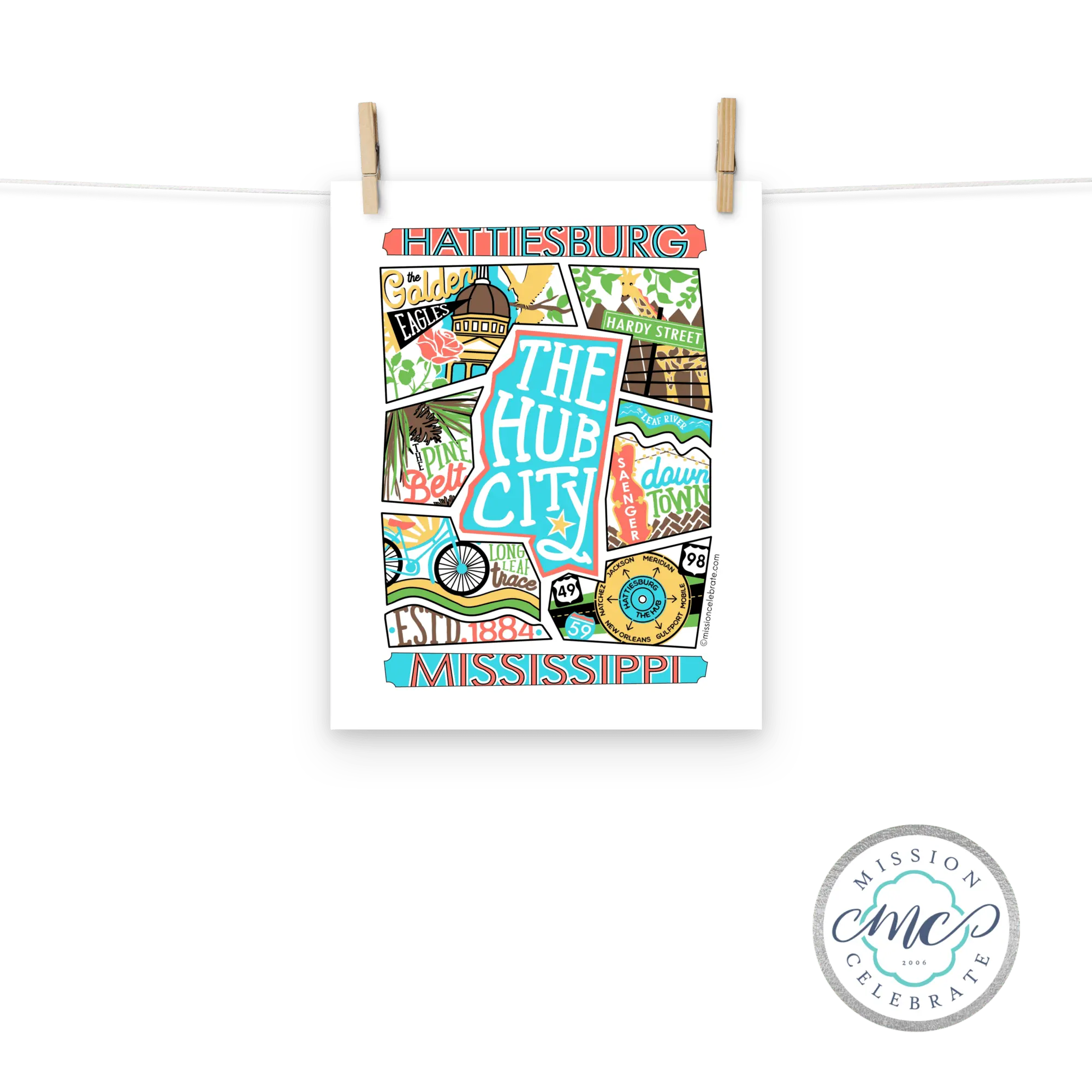 Hattiesburg Mississippi Art Print Collage by Main Street Collective | The Hub City