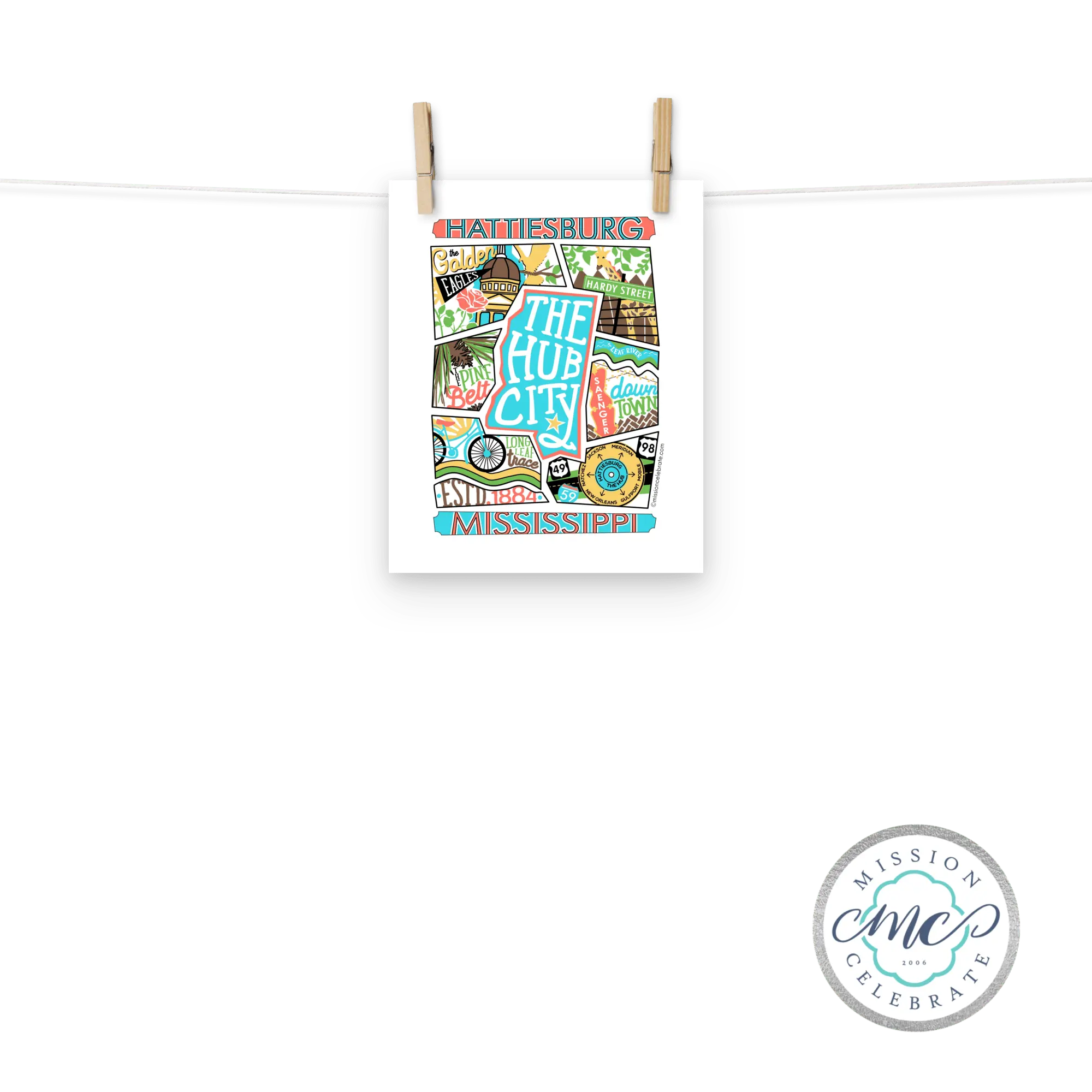 Hattiesburg Mississippi Art Print - The Hub City Collage Art by Leslie Goncé - Unique Souvenir, State Pride