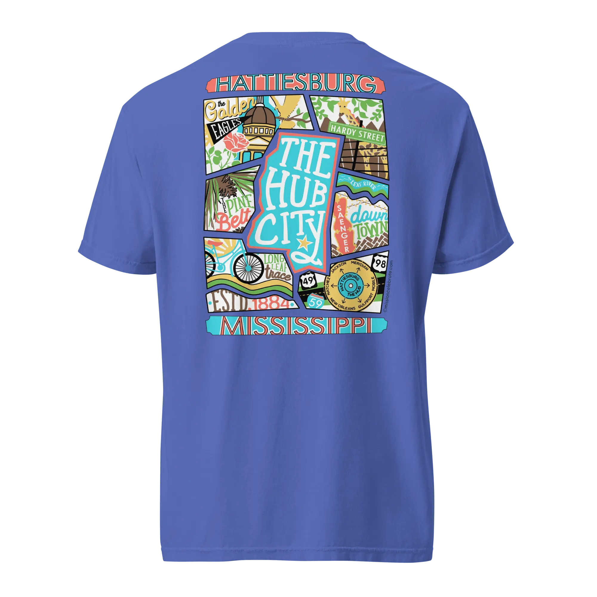 Hattiesburg Mississippi T-Shirt: The Hub City Collage Art Tee by Leslie Gonce, Mississippi. Souvenir Apparel.