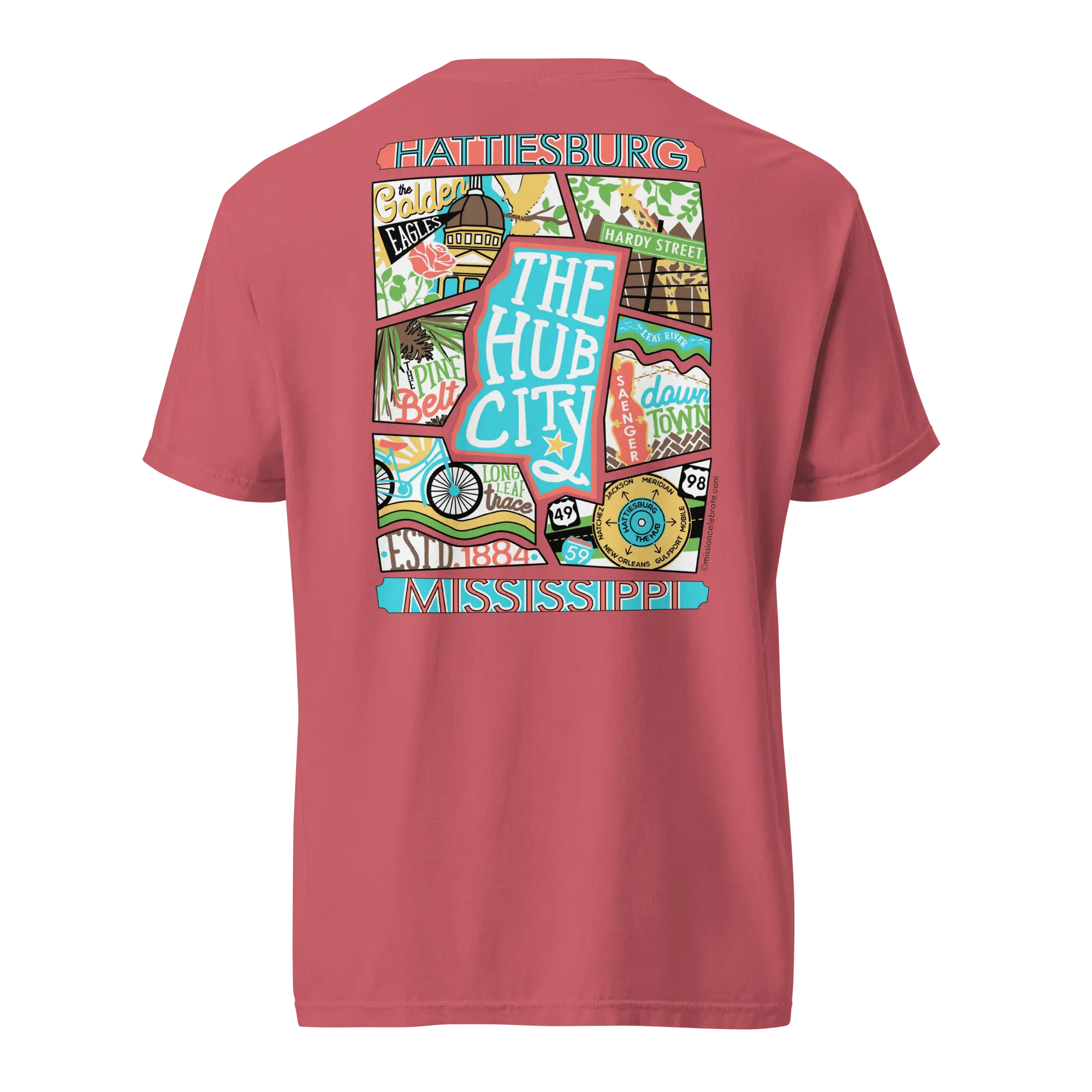 Hattiesburg The Hub City Collage Art by Mississippi Artist ©LeslieGonce Comfort Colors Short Sleeve Tees (MISSISSIPPI) Mission Celebrate