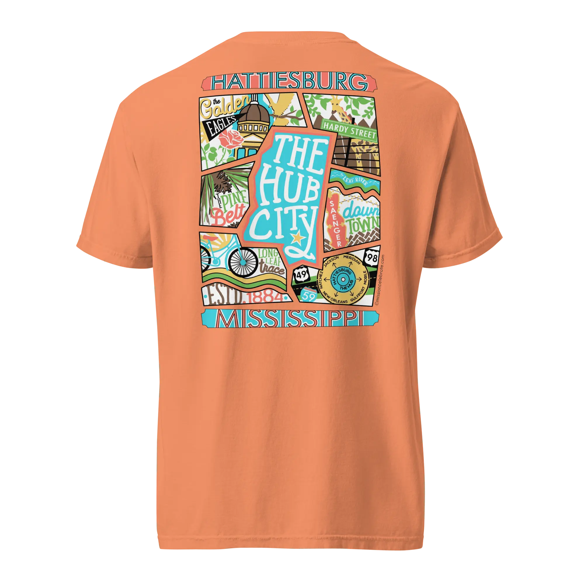 Hattiesburg Mississippi T-Shirt: Collage Art Design by Leslie Gonce, featuring local landmarks and culture. Shop Main Street Collective!