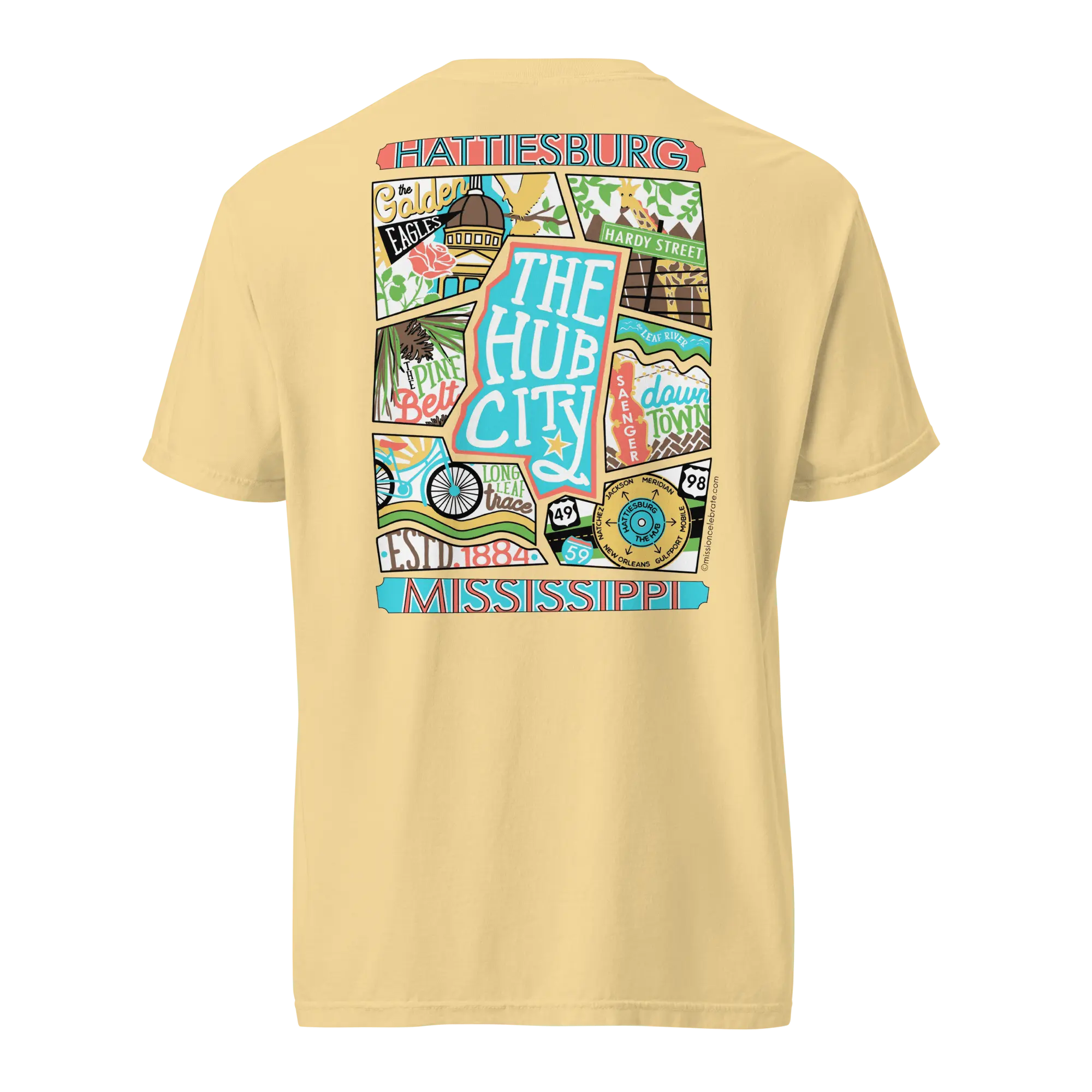 Hattiesburg Mississippi T-Shirt: Hub City Collage Art by Leslie Gonce, Comfort Colors Tee