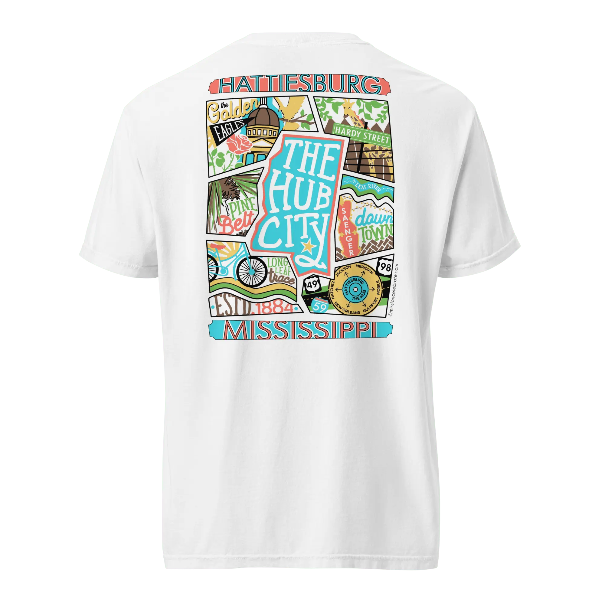 Hattiesburg The Hub City Collage Art by Mississippi Artist ©LeslieGonce Comfort Colors Short Sleeve Tees (MISSISSIPPI) Mission Celebrate
