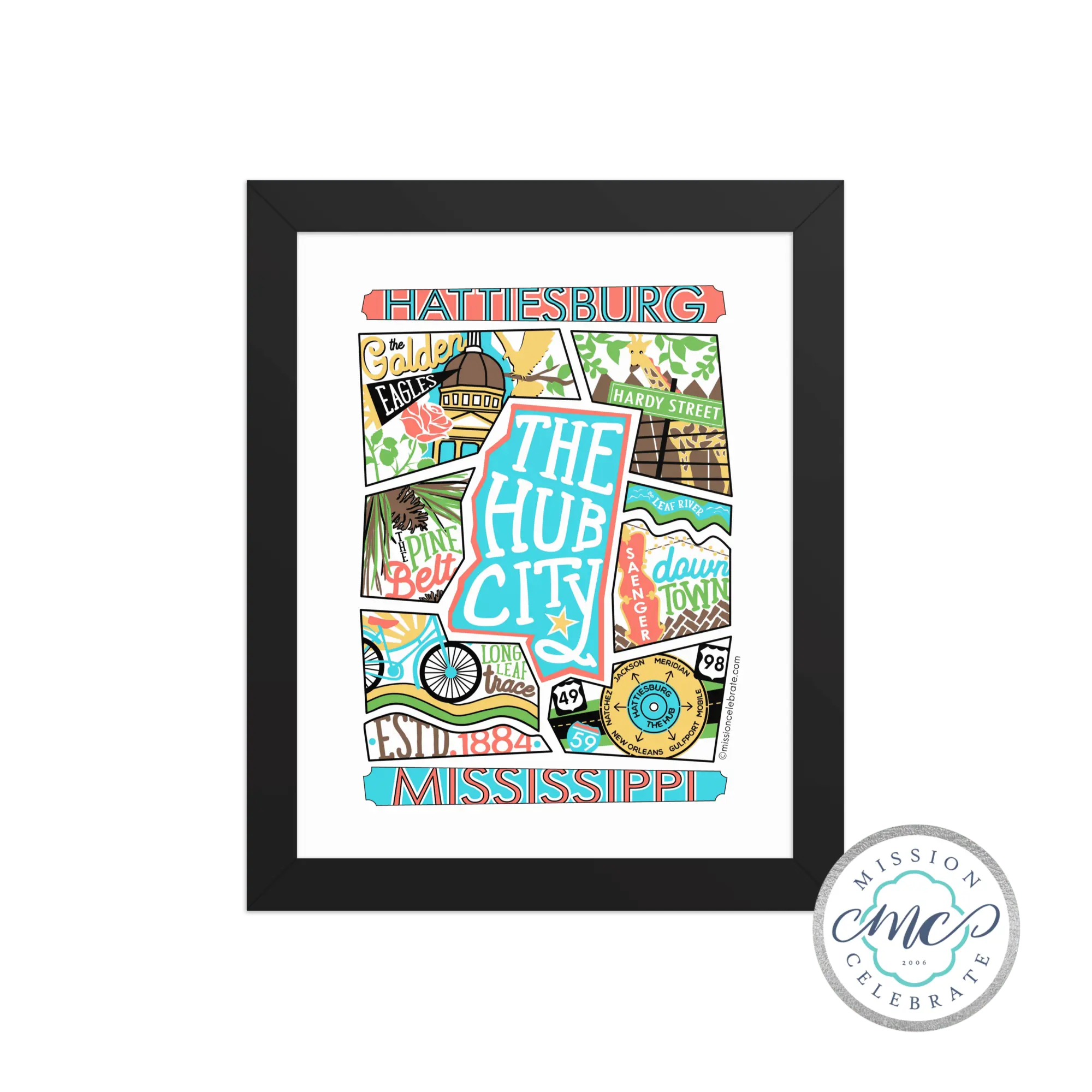 Hattiesburg Mississippi Art Print: The Hub City Collage by LeslieGonce 8x10 or 11x14 Black Frame