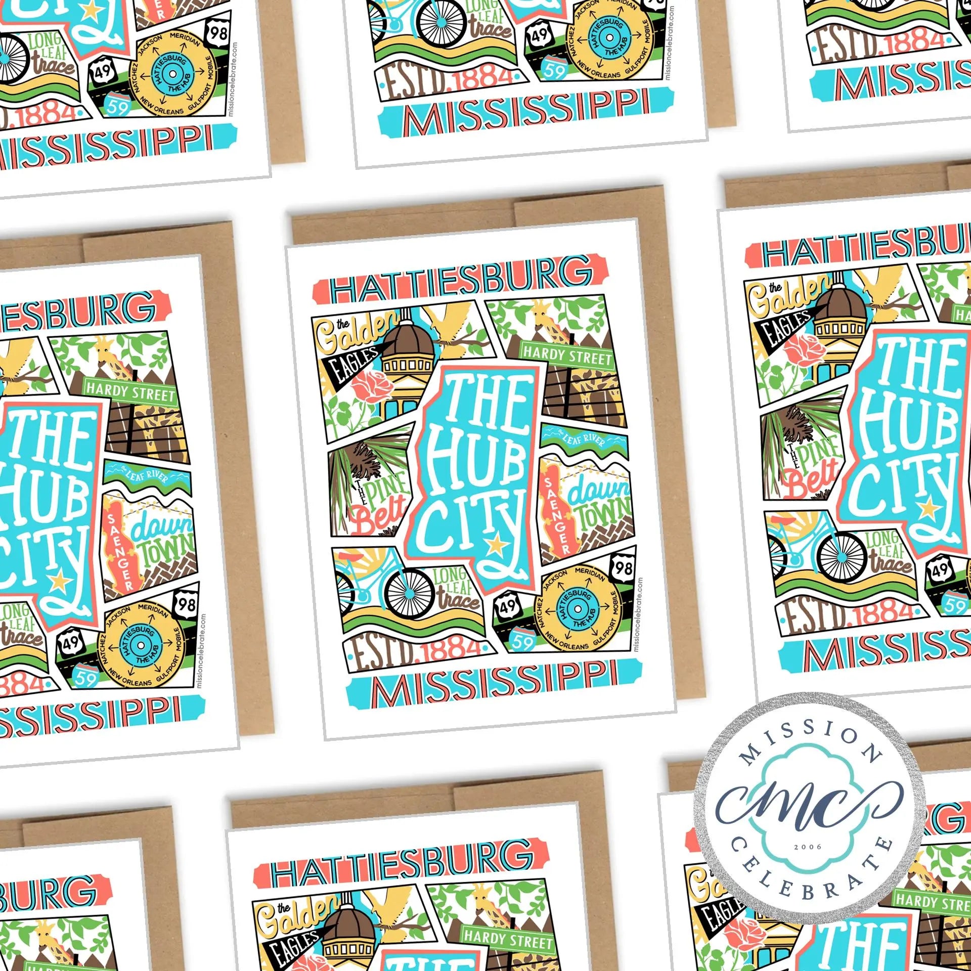 Hattiesburg Mississippi Greeting Card by Leslie Gonce - Collage Art from Main Street Collective