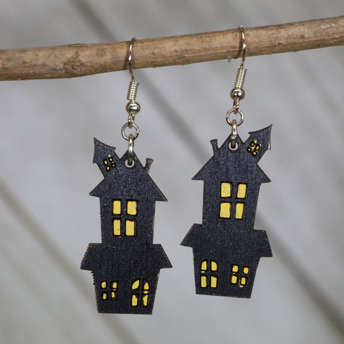 Haunted House Wooden Dangle Earrings | Halloween Spooky Jewelry by Cate's Concepts, LLC, handmade jewelry main product photo