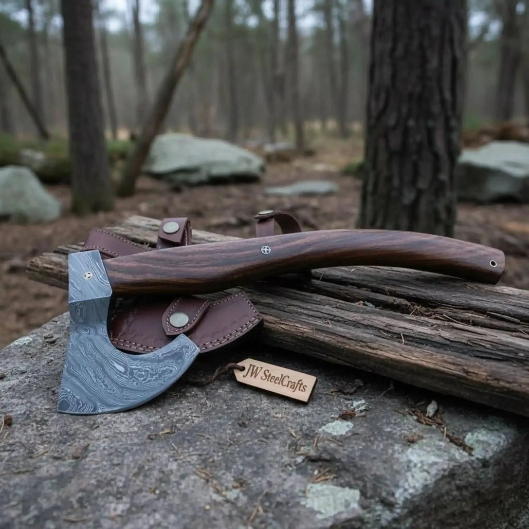 Damascus Camping Axe with Curved Rosewood Handle – Hand Forged Bushcraft Axe with Leather Sheath | JW SteelCrafts by JW SteelCrafts, leather knife sheath detail photo 2