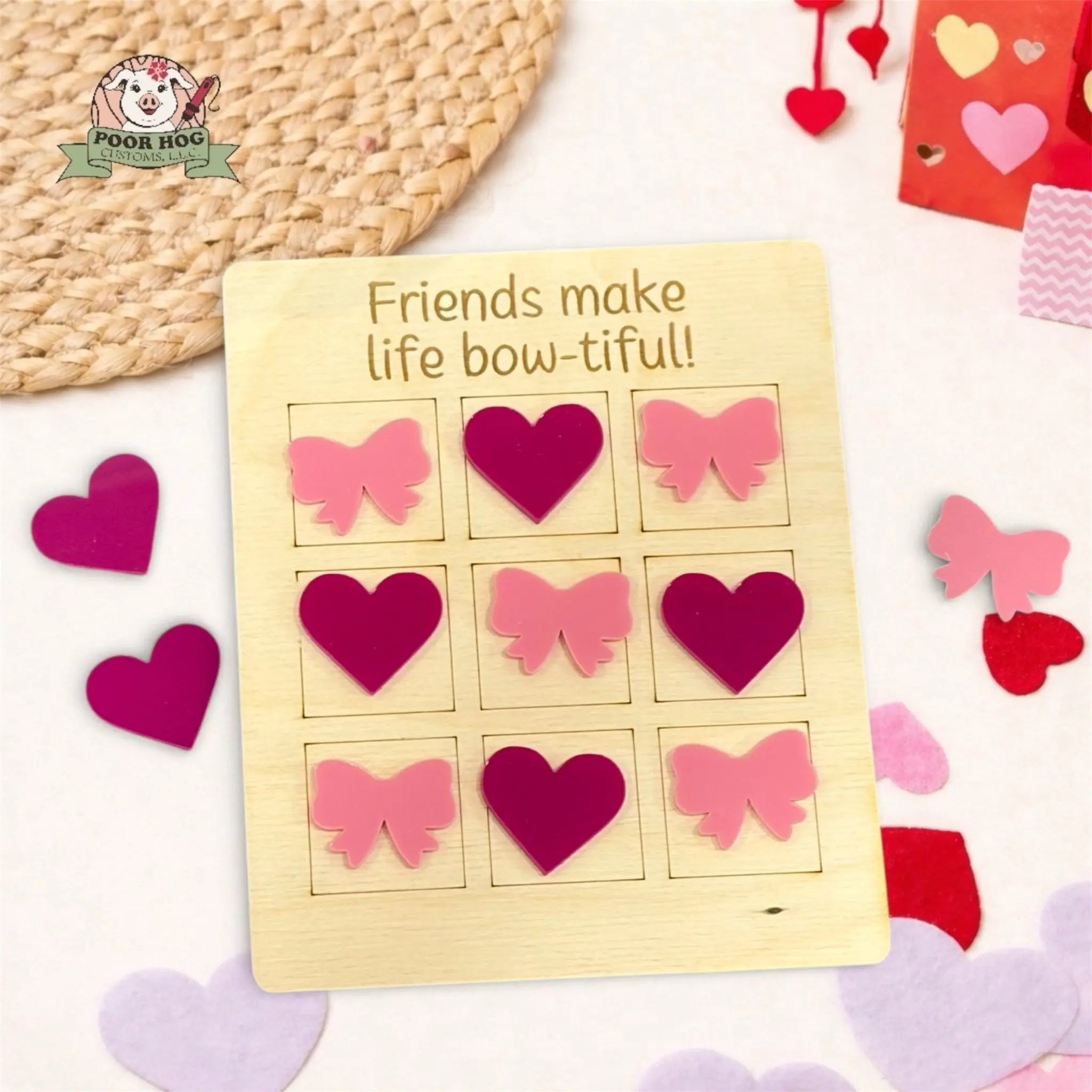 Heart and Bow Tic Tac Toe Valentine Game with Acrylic Pieces Poor Hog Customs