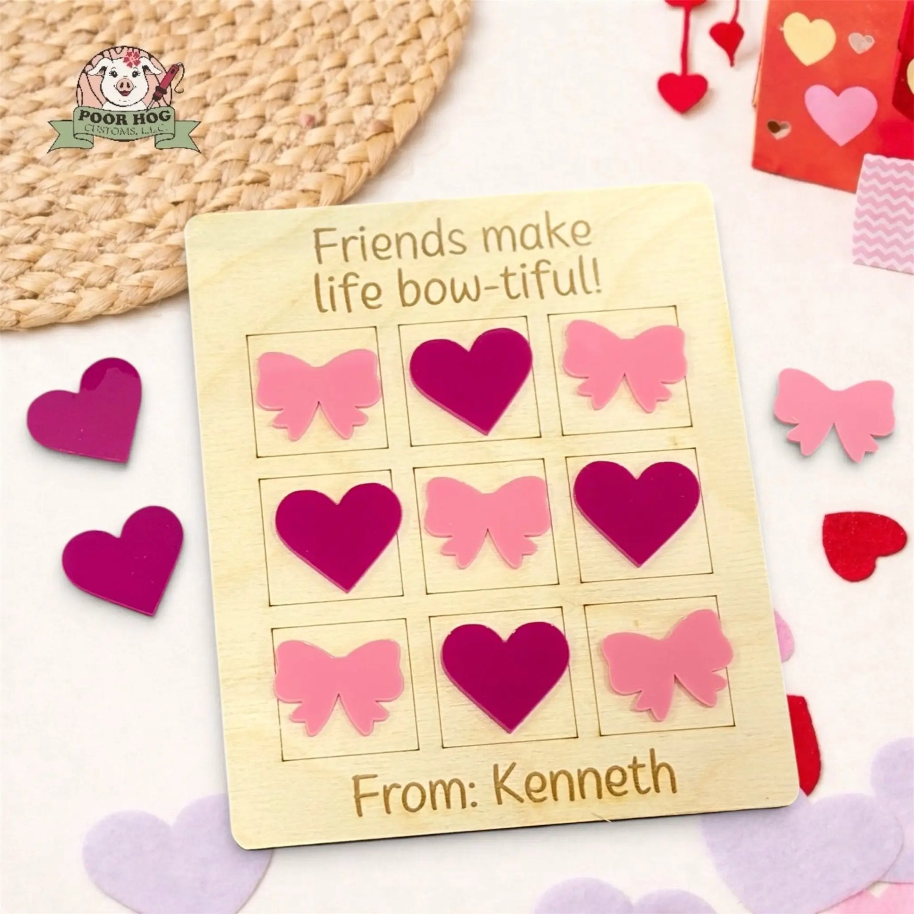 Heart and Bow Tic Tac Toe Valentine Game by Poor Hog Customs, board games detail photo 4