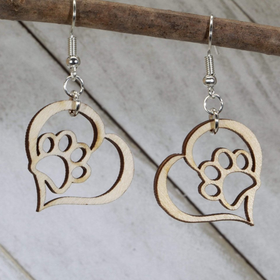 Heart Paw Print Wooden Dangle Earrings | Pet Lover Jewelry by Cate's Concepts, LLC, handmade jewelry main product photo